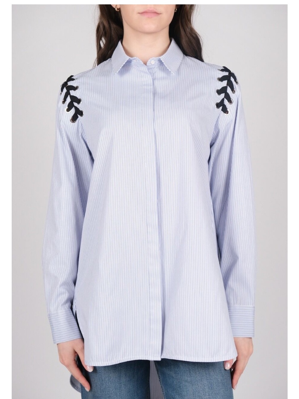 Sandro Blue and White Pinstripe Shirt with Black Lace Shoulder Ties